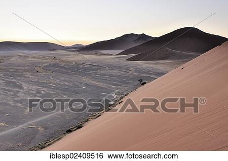 Stock Photograph - "Early morning view from Dune 45 on a desert landscape with dunes, Sossusvlei, Namib Desert, Namib Naukluft Park, Namibia, Africa". Fotosearch