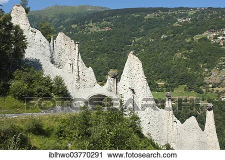 Stock Image - "Earth Pyramids of Euseigne or Pyramides d'Euseigne, natural monument, Val dâ€™Heremence valley, Canton of Valais, Switzerland, Europe". Fotosearch