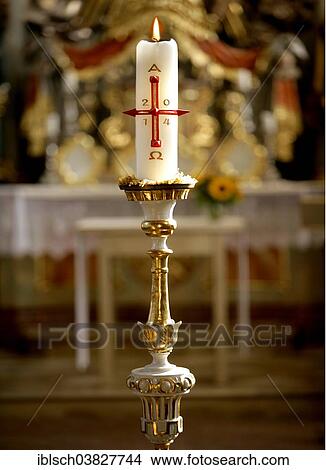 Picture - "Easter candle for the year 2014, cemetery chapel, Johanneskirchen, Munich, Bavaria, Germany, Europe". Fotosearch
