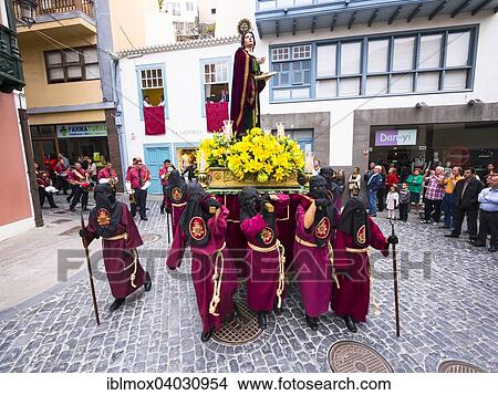 Picture - "Easter procession in Placeta de Borrero, Santa Cruz de la Palma, La Palma, Canary Islands, Spain, Europe". Fotosearch