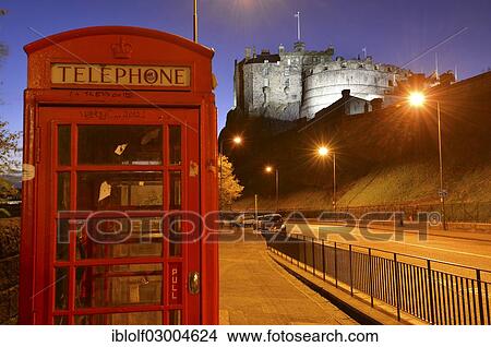 "Edinburgh Castle, illuminated at night, old red British phone booth at front, Edinburgh, Scotland, United Kingdom, Europe" View Large Photo Image Picture - "Edinburgh Castle, illuminated at night, old red British phone booth at front, Edinburgh, Scotland, United Kingdom, Europe". Fotosearch