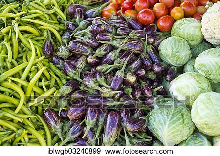 Stock Photo - "Eggplant, peppers, tomatoes and cabbage, mixed vegetables displayed for sale, Jaisalmer, Rajasthan, India, Asia". Fotosearch