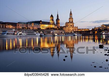 Stock Photograph - "Elbe River, Dresden Cathedral or Katholische Hofkirche Church and Dresden Castle, Dresden, Saxony, Germany, Europe". Fotosearch
