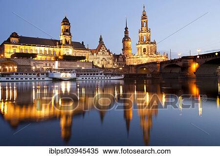 Stock Photography - "Elbe River, Dresden Cathedral or Katholische Hofkirche Church and Dresden Castle, Dresden, Saxony, Germany, Europe". Fotosearch