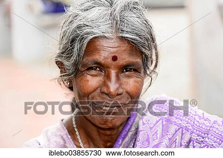 Stock Image - "Elderly Indian woman, portrait, Mysore, Karnataka, South India, India, Asia". Fotosearch