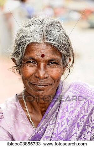 Stock Image - "Elderly Indian woman, portrait, Mysore, Karnataka, South India, India, Asia". Fotosearch