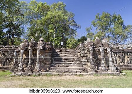 Stock Image - "Elephant trunks at the central stairwell of the Terrace of the Elephants, Angkor Thom, Siem Reap, Cambodia, Asia". Fotosearch