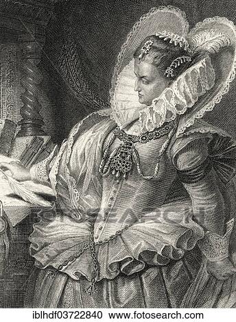 Stock Image - "Elizabeth I, Queen of England, character from the tragedy """"Mary Stuart"""" by Friedrich Schiller, steel engraving from """"Schiller Gallery"""", 1869, Germany, Europe". Fotosearch