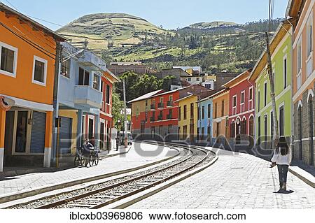 Stock Photograph - "Eloy Alfaro street with tracks, start of the Andean railway Nariz del Diablo, Alausi, Chimborazo Province, Ecuador, South America". Fotosearch