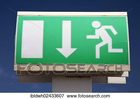 Stock Photo - "Emergency exit sign, Duesseldorf International Airport, Duesseldorf, North Rhine-Westphalia, Germany, Europe". Fotosearch