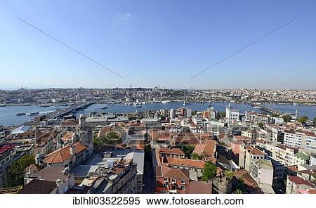 Stock Photography - "Eminoenue district with Galata Bridge, New Mosque, Sueleymaniye Mosque, and Atatuerk Bridge, view from Galata Tower, Golden Horn, Istanbul, European side, Istanbul Province, Turkey, European side, Europe". Fotosearch