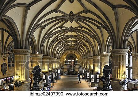 Stock Image - "Entrance hall of the Hamburg city hall, built between 1886 and 1897 in the style of historicism, with a temporary photo exhibition, Rathausmarkt square 1, Hamburg, Germany, Europe". Fotosearch
