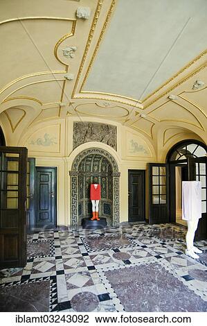 Stock Image - "Entrance hall on the ground floor of the old Lenbach Villa with sculptures by Erwin Wurm, State Gallery Lenbachhaus Munich, after the total refurbishment in 2013, Maxvorstadt, Munich, Upper Bavaria, Bavaria, Germany, Europe". Fotosearch