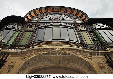Stock Photo - "Entrance of the Art Nouveau building of the Source Cachat, Evian-les-Bains, Haute-Savoie, Rhone-Alpes, France, Europe". Fotosearch