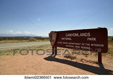 Stock Image - "Entrance sign, Island in the Sky District, Canyonlands National Park, Utah, United States of America, USA". Fotosearch