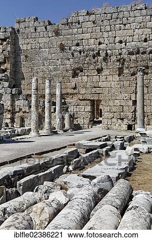 Stock Image - "Entrance to the former baths, nymphaeum and spas in the excavation site in the ancient city of Perge, Aksu, Antalya, Turkish Riviera, Turkey, Asia". Fotosearch