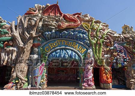 Picture - "Entrance to the """"Grottenbahn"""" fairground ride decorated with figures, Prater, Vienna, Austria, Europe". Fotosearch