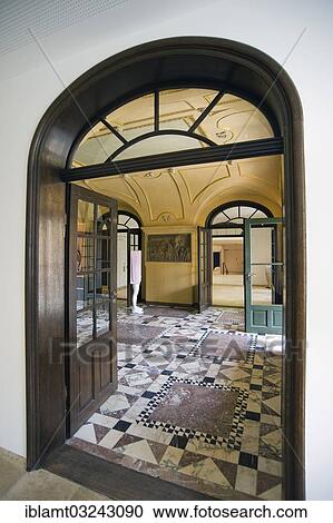 Stock Image - "Entrance to the old Lenbachhaus from the atrium of the new building, State Gallery Lenbachhaus Munich, after the total refurbishment in 2013, Maxvorstadt, Munich, Upper Bavaria, Bavaria, Germany, Europe". Fotosearch