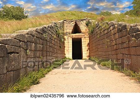 "Entrance to the Treasury of Atreus, an impressive tholos rotunda grave chamber, on the hill Panagitsa, at the archaeological site of Mycenae UNESCO World Heritage Site, Peloponnese, Greece, Europe" View Large Photo Image Stock Photograph - "Entrance to the Treasury of Atreus, an impressive tholos rotunda grave chamber, on the hill Panagitsa, at the archaeological site of Mycenae UNESCO World Heritage Site, Peloponnese, Greece, Europe". Fotosearch