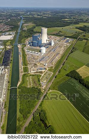 Stock Image - "EON Datteln power plant under construction, building freeze, aerial view, Dortmund-Ems Canal, Datteln, Ruhr Area, North Rhine-Westphalia, Germany, Europe". Fotosearch