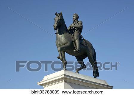 Stock Photo - "Equestrian statue of Henri IV on the Pont Neuf bridge, Paris, Ile-de-France, France, Europe". Fotosearch