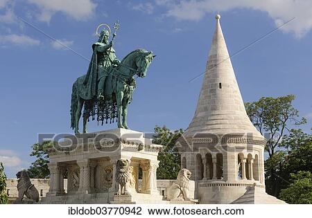 Stock Image - "Equestrian statue of King Stephen I, Fishermen's Bastion, Castle Hill, Budapest, Hungary, Europe". Fotosearch