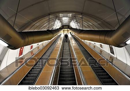 Stock Image - "Escalators, Mustek underground railway station, Prague, Czech Republic, Europe". Fotosearch