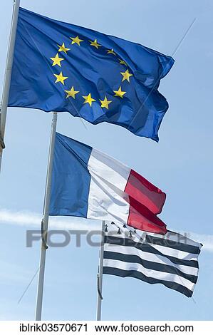 Stock Image - "EU flag, French flag and a Breton flag". Fotosearch