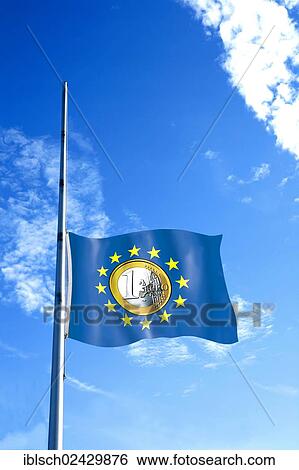 European flag flying at half-mast with a one euro coin in its centre View Large Photo Image Stock Photograph - European flag flying at half-mast with a one euro coin in its centre. Fotosearch
