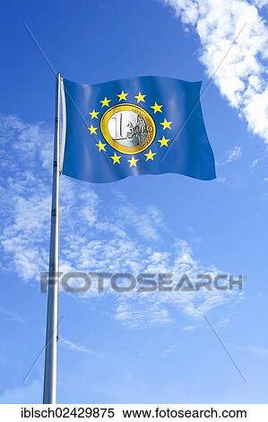 Stock Photography - European flag with a one euro coin in its centre. Fotosearch