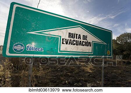 Stock Photo - "Evacuation sign in a village near the volcano Popocatepetl, Puebla, Mexico, North America". Fotosearch