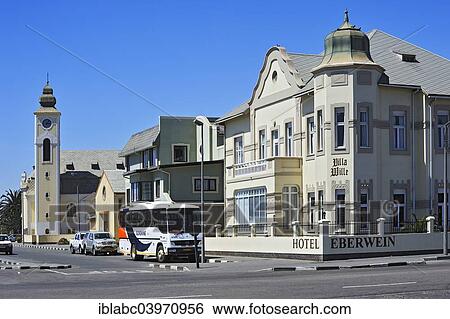 "Evangelical Lutheran Church and Hotel Eberwein, Swakopmund, Erongo Region, Namibia, Africa" View Large Photo Image Stock Photograph - "Evangelical Lutheran Church and Hotel Eberwein, Swakopmund, Erongo Region, Namibia, Africa". Fotosearch