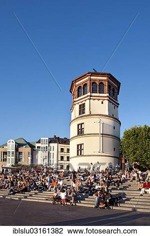 Stock Image - "Evening at Schlossturm Tower, old town, Dusseldorf, Rhineland, North Rhine-Westphalia, Germany, Europe". Fotosearch