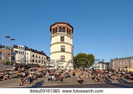 Stock Image - "Evening at Schlossturm Tower, old town, Dusseldorf, Rhineland, North Rhine-Westphalia, Germany, Europe". Fotosearch