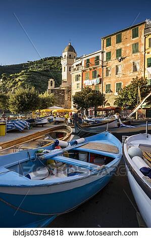 Stock Photo - "Evening at the harbor, Vernazza, Cinque Terre, La Spezia Province, Liguria, Italy, Europe". Fotosearch