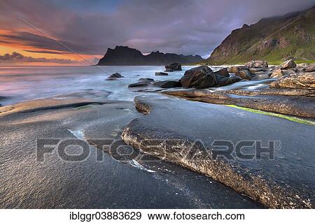Stock Photo - "Evening mood at the beach of Utakleiv, Vestvagoya, Lofoten, Nordland, Norway, Europe". Fotosearch