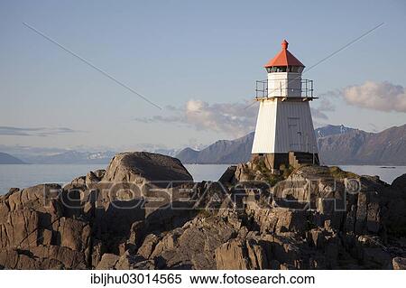 Stock Photography - "Evening mood at the Lighthouse Hov, Hovsund, Gimsoy, Lofoten, Nordland, Norway, Europe". Fotosearch