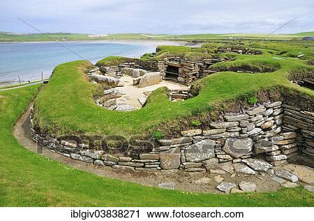 Stock Image - "Excavation site at the Neolithic settlement of Skara Brae, Mainland, Orkney, Scotland, United Kingdom, Europe". Fotosearch