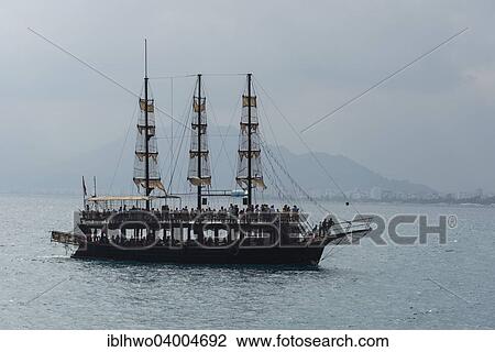 Stock Image - "Excursion boat in the Gulf of Antalya, Turkish Adriatic, Turkey, Asia". Fotosearch