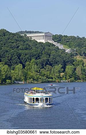 Stock Image - "Excursion boat on the Danube, behind the Walhalla memorial, Donaustauf, Upper Palatinate, Bavaria, Germany, Europe". Fotosearch