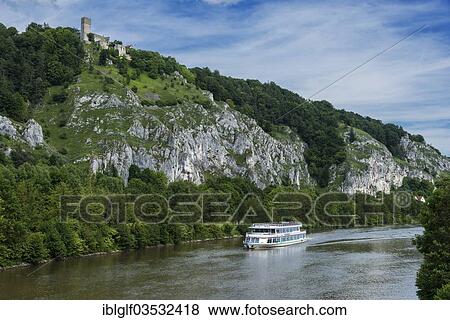 Stock Photo - "Excursion boat on the Main-Danube Canal, Altmuhltal, near Essing, Bavaria, Germany, Europe". Fotosearch