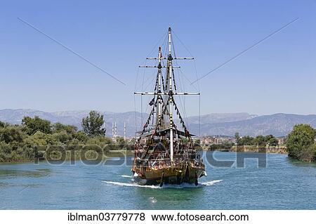 Stock Photo - "Excursion boat on the Manavgat River, near Manavgat, Antalya Province, Turkey, Asia". Fotosearch