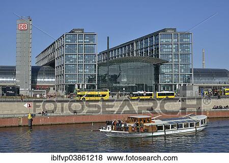 Stock Photo - "Excursion boat on the Spree River in front of Berlin Hauptbahnhof main railway station, Berlin, Germany, Europe". Fotosearch