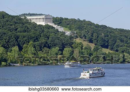 Stock Image - "Excursion boats on the Danube, behind the Walhalla memorial, Donaustauf, Upper Palatinate, Bavaria, Germany, Europe". Fotosearch