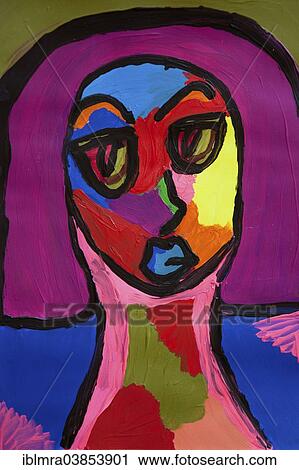 Stock Image - "Expressionist painting, portrait of a woman, painted by a girl, 12 years". Fotosearch