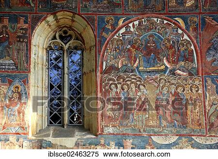 Stock Photography - "Exterior fresco, Humor Monastery, Monastery Church Adormirea Maicii Domnului, Church of the Assumption of the Virgin, Churches of Moldavia, UNESCO World Heritage Site, Romania, Europe". Fotosearch