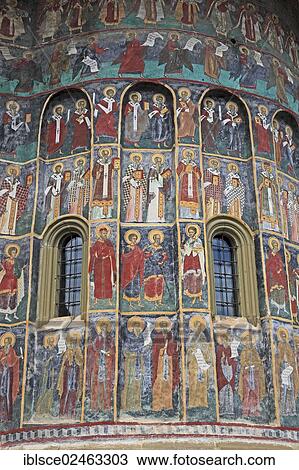Stock Image - "Exterior fresco, Manastirea Sucevita, Sucevita Monastery, Churches of Moldavia, UNESCO World Heritage Site, Romania, Europe". Fotosearch