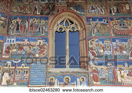Stock Image - "Exterior fresco, Voronet Monastery, church Sfantul Gheorghe, Church of St. George, UNESCO World Heritage Site, Romania, Europe". Fotosearch