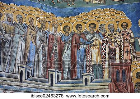 Stock Photo - "Exterior fresco, Voronet Monastery, church Sfantul Gheorghe, Church of St. George, Churches of Moldavia, UNESCO World Heritage Site, Romania, Europe". Fotosearch
