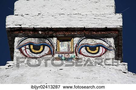 Stock Photo - Eyes detail of Chendebji Chorten, Trongsa, Bhutan, Asia. Fotosearch